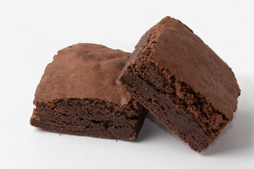 Two delicious brownies isolated on white background.