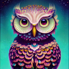 Obraz premium cartoon little owl, big eyes, fantasy style, art illustration