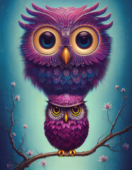 Obraz premium cartoon little owl, big eyes, fantasy style, art illustration