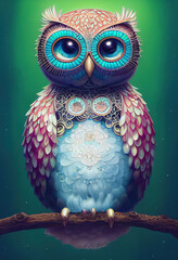 cartoon little owl, big eyes, fantasy style, art illustration