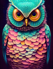 Obraz premium cartoon little owl, big eyes, fantasy style, art illustration