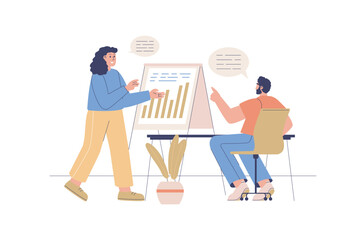 Business meeting web concept with people scene. Woman and man discussing company financial data at presentation board and planning strategy. Character situation in flat design. Vector illustration.