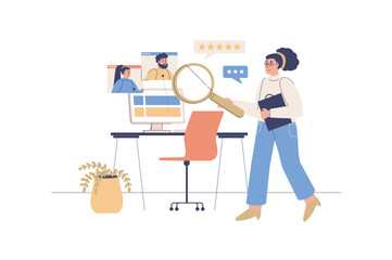 Recruitment web concept with people scene. Woman with magnifier searching and selecting best candidates. Hiring process and human resources. Character situation in flat design. Vector illustration.