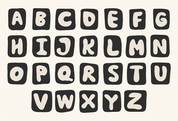 Fancy black and white groovy font in a square, retro style, children's font. Ideal for posters, collages, clothing, music albums and more.