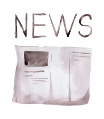 The word News concept and theme painted in watercolor ink on a white paper.