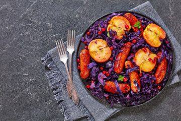 Seared Sausage, Red Cabbage and Apples on plate
