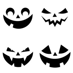 Set of Halloween pumpkin smile faces. Spooky, scary Jack O Lantern smile. Silhouette icons set for Halloween. Isolated on white background. Vector illustration.