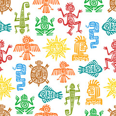 Maya, Aztec totems seamless pattern background, vector Mexican tribal symbols. Mayan or Mexico Inca tribe totem signs of animals and sun, ethnic Aztec or Maya pattern of fish, lizard, turtle and snake