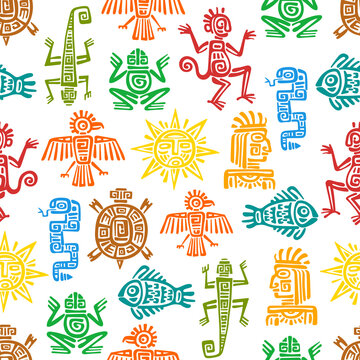 Maya, Aztec totems seamless pattern background, vector Mexican tribal symbols. Mayan or Mexico Inca tribe totem signs of animals and sun, ethnic Aztec or Maya pattern of fish, lizard, turtle and snake