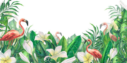Pink flamingos among tropical palm leaves, monstera and plumeria flowers. Watercolor illustration. Banner from the BEACH BAR collection. For the design and decoration of postcards, posters, menus