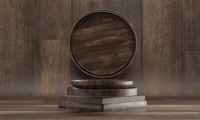3d rendered wood cylinder Podium on the floor geometric shapes Platforms for product presentation, mock up Abstract pastel background color.