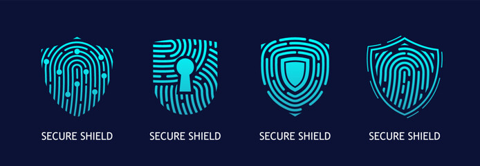 Secure shield, fingerprint and lock vector icons. Digital technologies of privacy, data protection, cyber security and network safety symbols with shields, thumbprint scan, padlock and keyhole