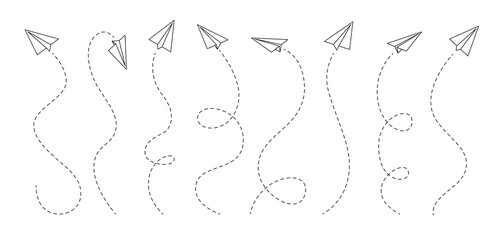 Paper airplane lines. Vector hand drawn outline paper planes and airplanes with dashed lines of flight route trails. Isolated origami aircraft, flying gliders with folded paper wings and contrails