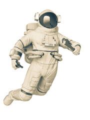 astronaut mechanic is drifting with a pipe wrench on his hand