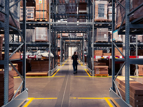 Interior of a modern warehouse storage with worker. Warehouse industrial and logistics companies. Commercial warehouse. Huge distribution warehouse with high shelves