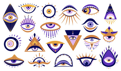 Greek eyes isolated vector icons set. Magic witchcraft talisman, magical esoteric religion sacred geometry symbols. Mason or illuminati symbolic, boho style amulets, evil protection and luck souvenirs