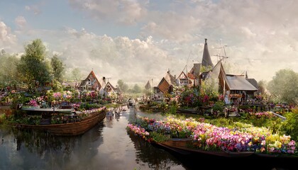 The natural landscape of the village with canals and flowers. Cartoon style.
