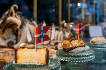 Copenhagen, Denmark A window of a patisserie with Danish baked goods.