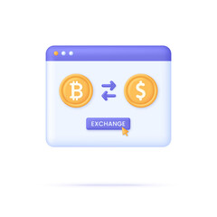 3D Cryptocurrency exchange illustration. Blockchain technology, dollar, bitcoin, cryptocurrency mining.