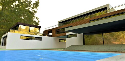 The end of the season in an elite club hotel. An empty pool with wide steps glowing underwater. Behind the house one can see the yellowed leaves of the trees.