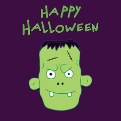 Frankenstein face isolated on purple background. Happy Halloween. Hand drawn vector illustration
