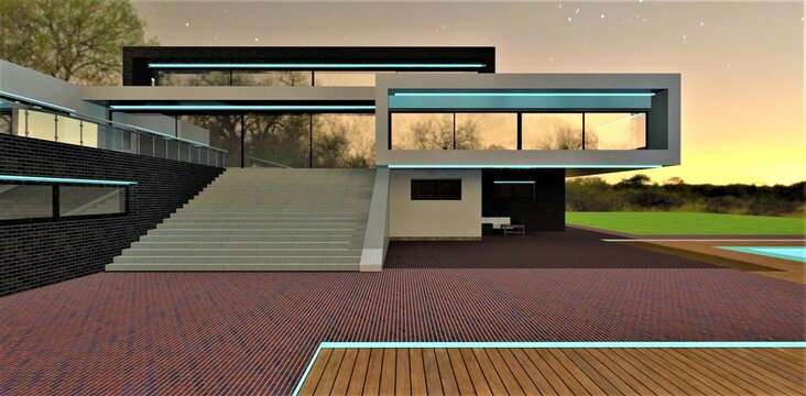 A stylish project to illuminate the facade of an elite suburban housing in turquoise. Concrete stairs from the dva to the terrace. Paving stones made of red-blue bricks with illuminated ends.