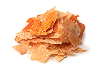 Group of tasty beer snacks. Dehydrated chicken meat slices.