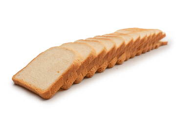 Delicious bread slices isolated on a white background, top view.