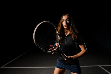 portrait of excited woman tennis player with brown hair in black uniform with tennis racket