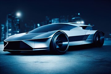 Fototapeta na wymiar Image of a futuristic car against the backdrop of the city of the future. Concept of the car of the future. 3D rendering