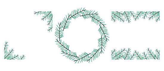Winter fir branches frames collection. Winter wreath illustration with green fir branches on white background.
