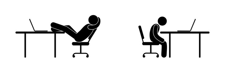 office worker illustration, stick figure man icon, desktop in office