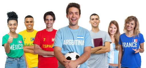 Football fan from Argentina with soccer ball supporters from Spain Brazil Mexico Qatar and France