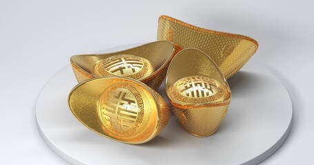Chinese golden ingots are spinning on a stand, on a white background, 3d render. Foreign text means rich, lucky and blessed