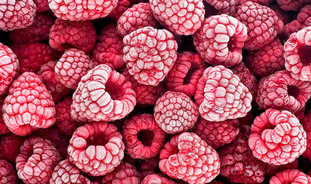 Top view of frozen raspberries covered with hoarfrost as background