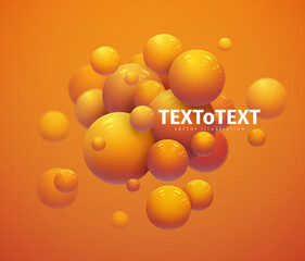 3D realistic spheres on orange background for banner design. Bubbles textured with dots or letters. Vector background. Abstract vector template.