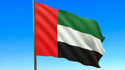 flag of united arab emirates waving in the wind on flagpole against the sky 3d-rendering