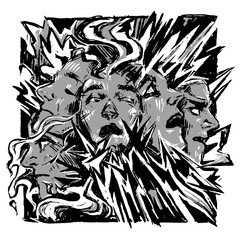 Man with different emotions. Concept of the state of mind, human feelings. Monochrome hand drawn vector illustration. Abstract graphic picture isolated on white. Artistic print in vintage style.