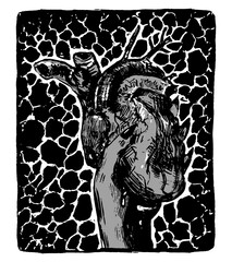 Obraz premium The hand holds human heart. Witch hand, sacrifice, monster. Halloween monochrome hand drawn vector illustration. Abstract picture isolated on white. Artistic print in vintage engraving style.