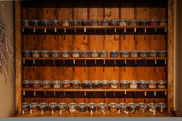 Dried spices collection in vintage kitchen