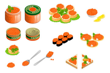 Isometric can of chum salmon caviar and sandwich. Glass jar with large chum salmon caviar, caviar in a tin can, spoon, bank, sushi, pancake. Healthy food, seafood