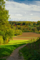 Fototapeta premium Autumn view of the Jeker valley in Maastricht with an beautiful cloudscape with fluffy clouds of a rolling hill landscape with vineyards of the Apostelhoeve in the South of the Netherlands 