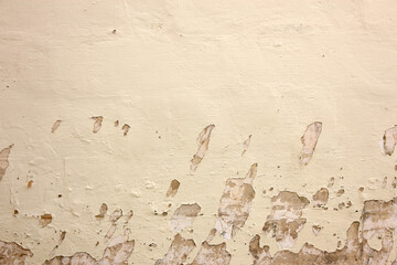 Old paint on the dirty cement wall background. Wall with shabby damaged plaster. Texture, pattern, background. Copy space.