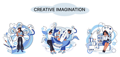 Creative mind, imagination or brainstorm or originative idea concept. Creative imagination. Phantasy space and creativity. Phantasy flow and creativity metaphor, fantasies in mind. Vision development
