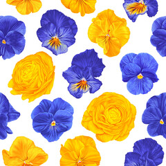 Seamless minimalist botanical pattern with realistic flowers of pansies, buttercup yellow and blue plants isolated png. Design surfaces, textiles, clothing, wallpaper