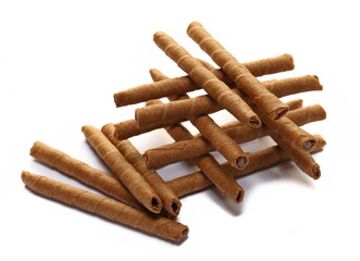 Waffle chocolate sticks with of cream black chocolate and orange, isolated on white