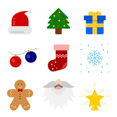 Fototapeta na wymiar Christmas vector set with Santa Claus, tree, gift, sock, winter flake, biscuit and star.