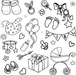 Drawn children's doodle. Baby stuff in vector. Set of elements for decor. Clip art. Child's birthday. New life. Socks. Pacifier. Rattle.