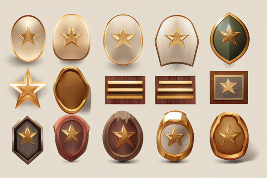 Ranking badges with star. Frame for game design cartoon set of wooden and gold.