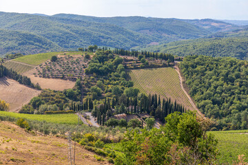 Vue sur le Chianti siennois depuis Radda in Chianti, Italie